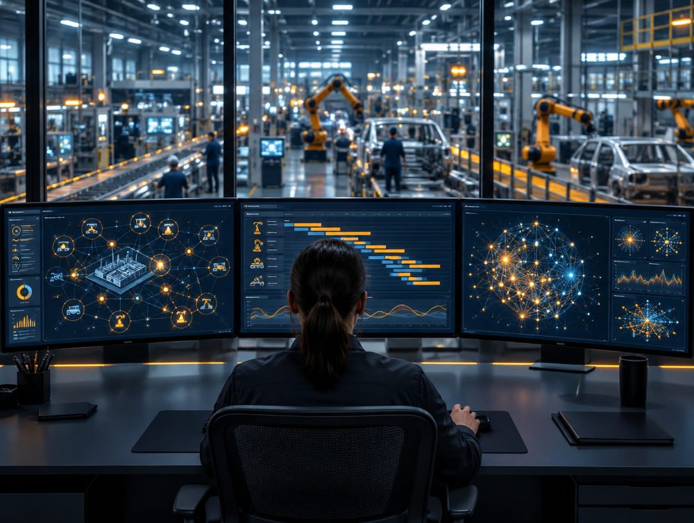 Kontrollrum med skärmar som visar produktionsplanering och dataanalys