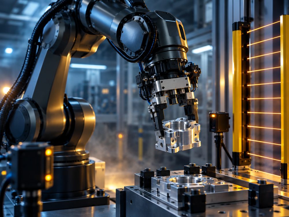 Industrirobot som hanterar en bearbetad metalldetalj