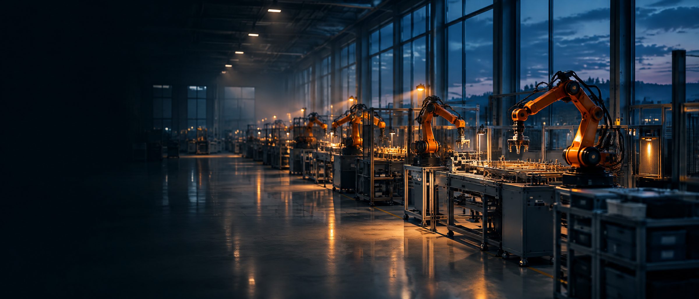 Modern produktionshall med industrirobotar i kvällsljus