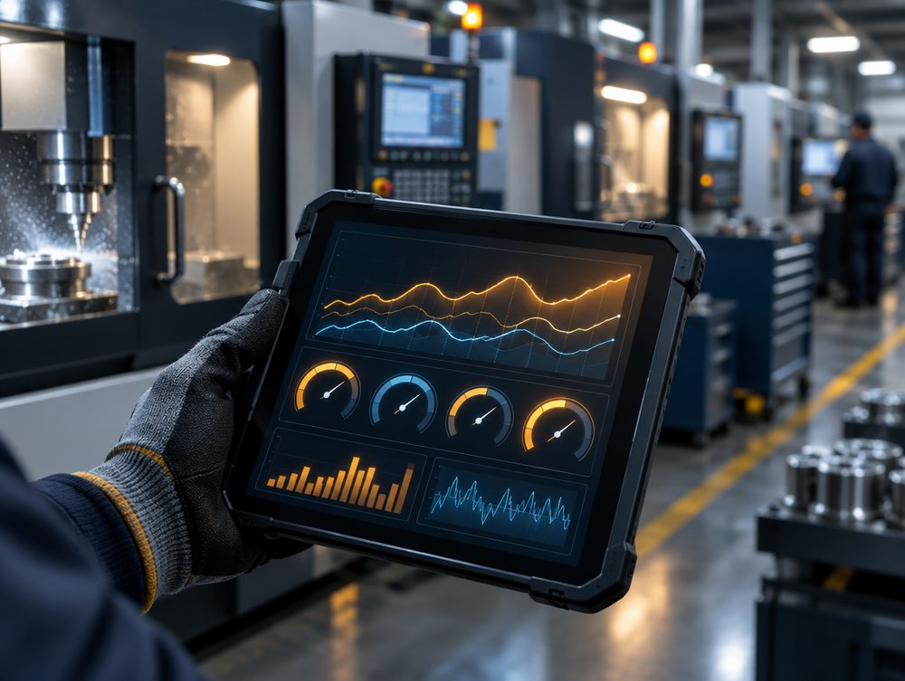 Surfplatta med produktionsdata framför CNC-maskiner