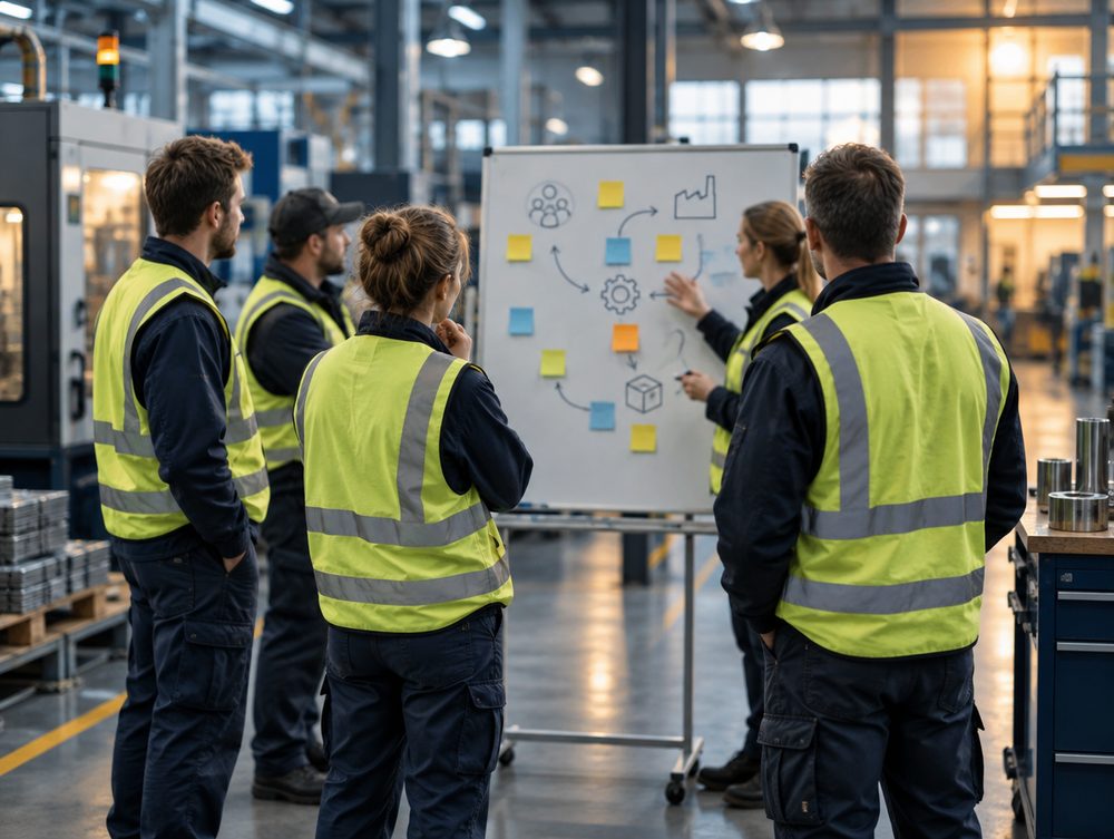 Produktionsteam samlade kring en whiteboard på fabriksgolvet